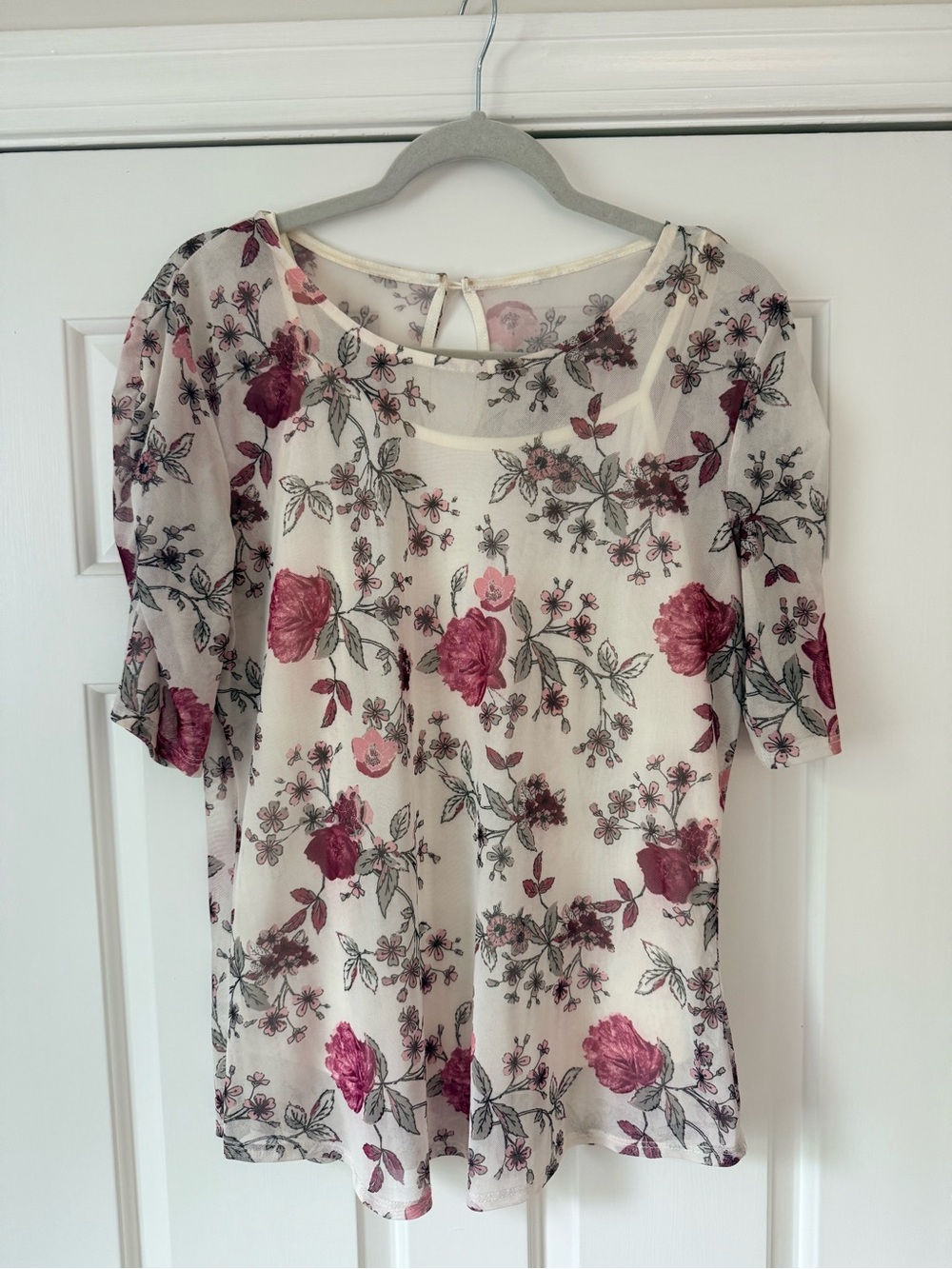 Faded Glory Cream Lined Sheer Blouse with Pink Rose Print